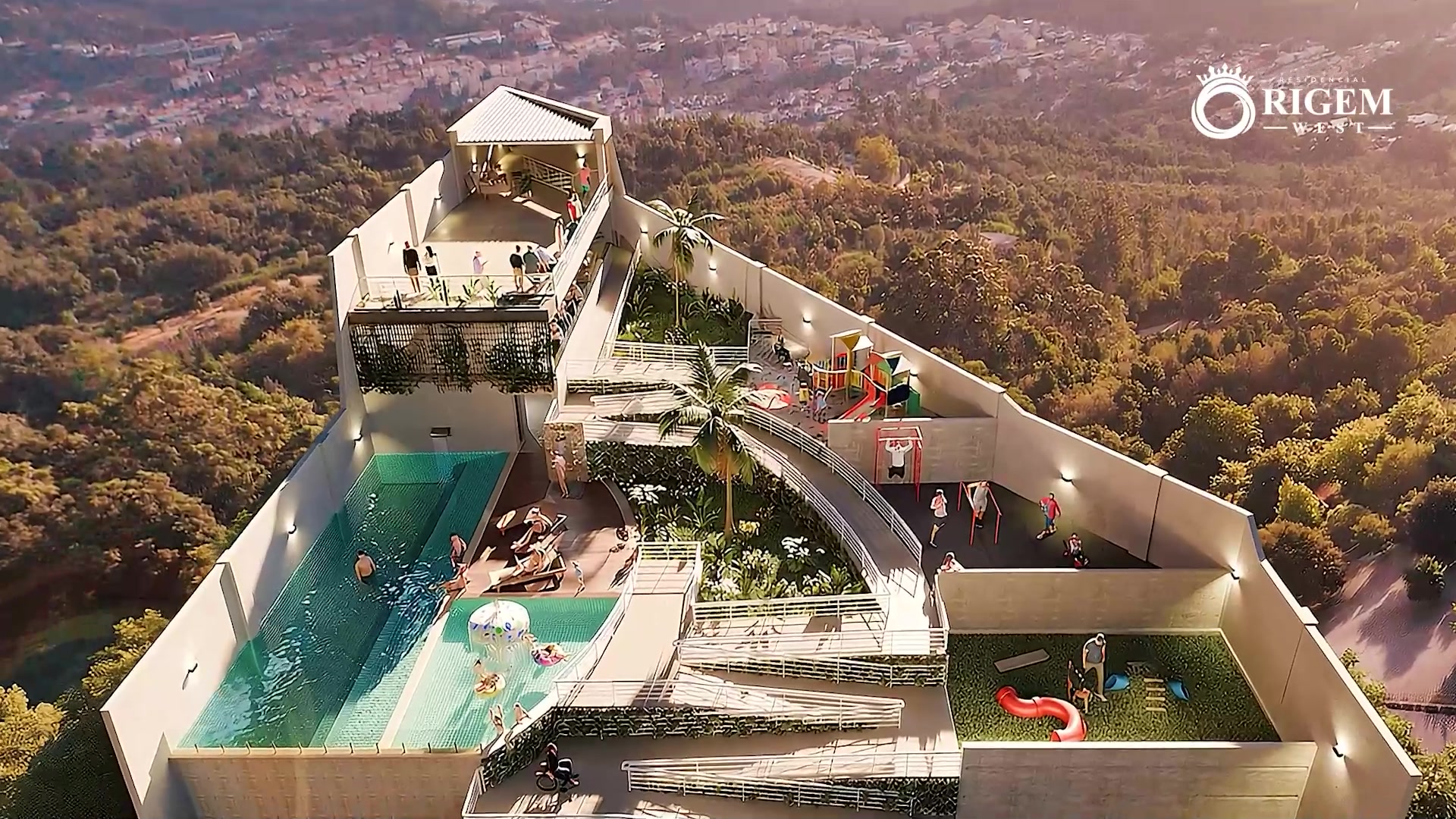 Vista aérea da área de lazer com piscina e playground do Residencial Origem West