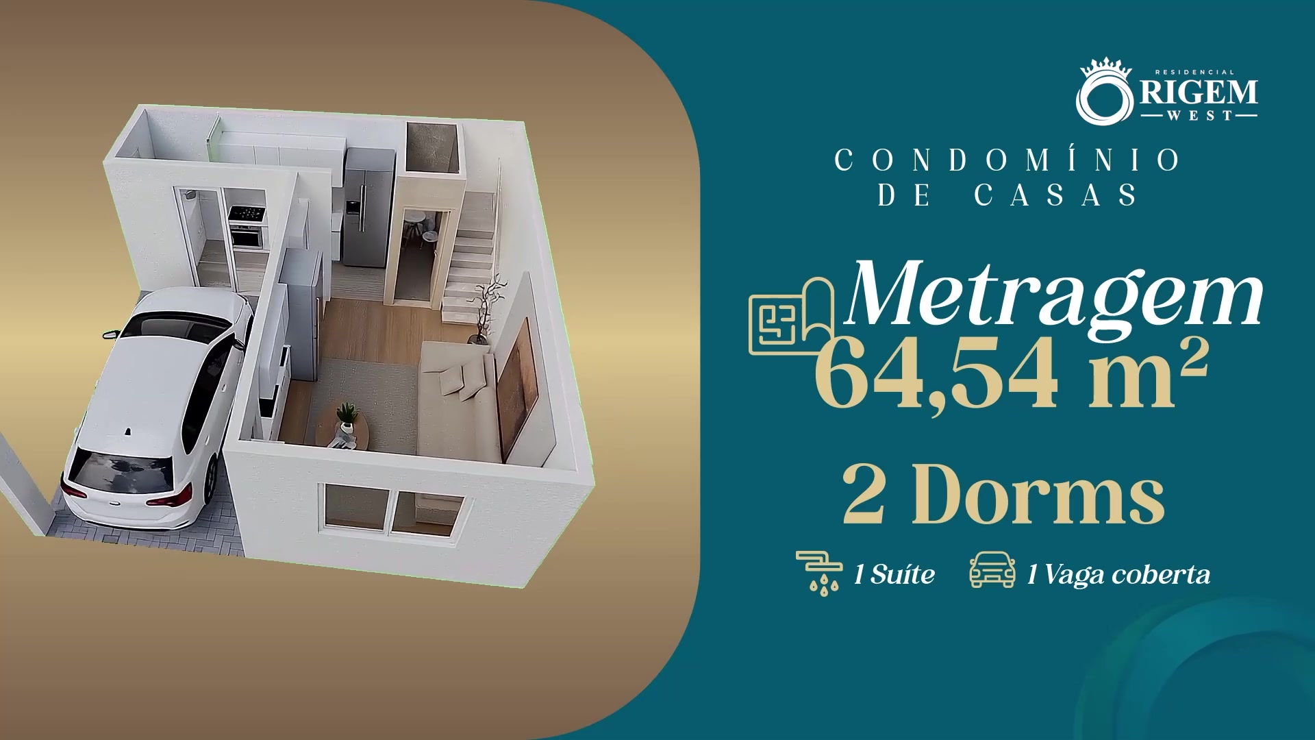 Render 3D da planta baixa do imóvel com 2 dormitórios, suíte e vaga coberta
